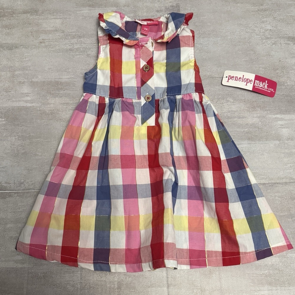 NWT Penelope Mack Plaid Gingham Picnic Check Dress‎ Girls Size 12M